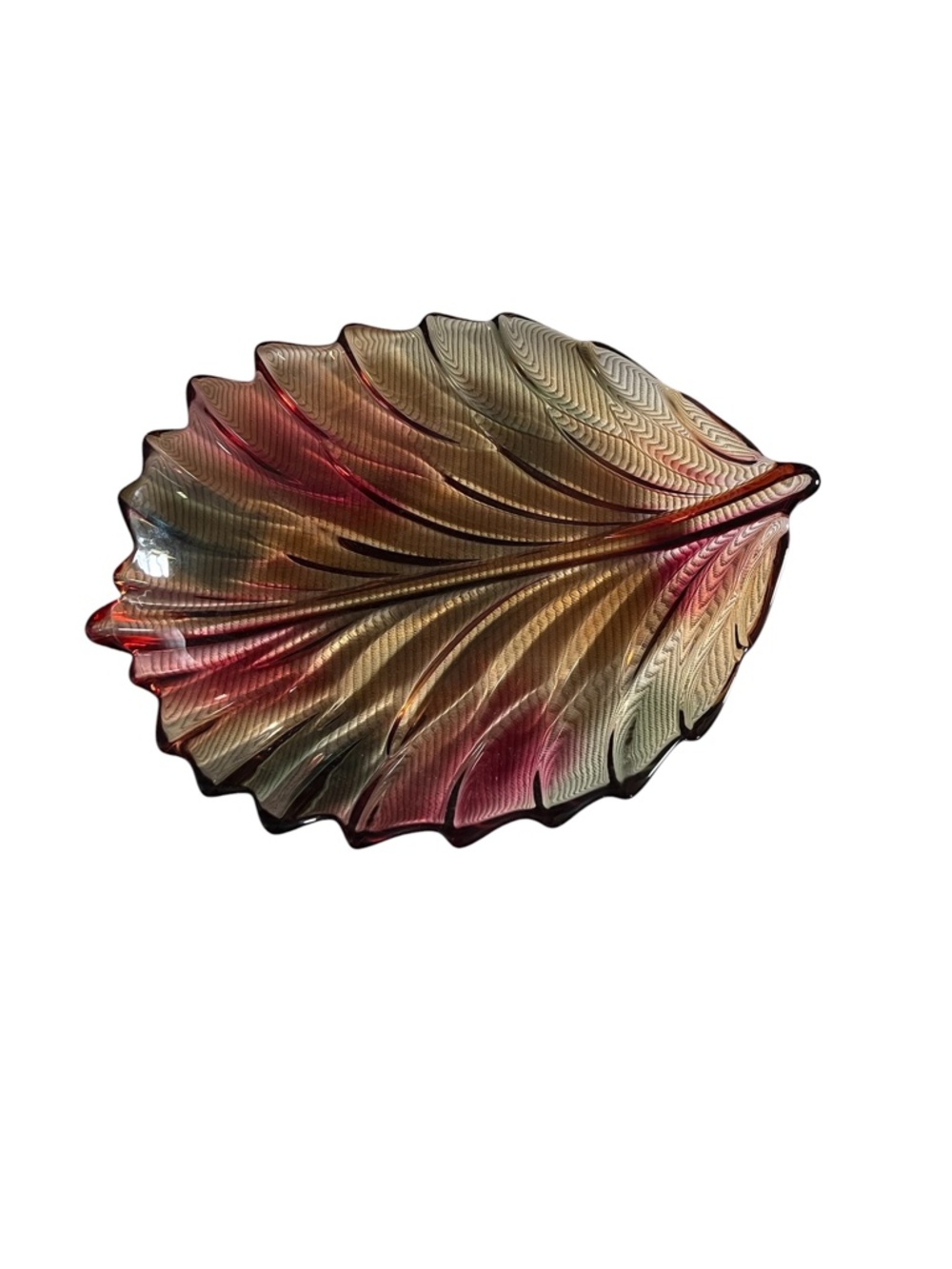 Vintage Style Art Glass Leaf Bowl Platter Multicolor Amber Pink Green 12 Inch